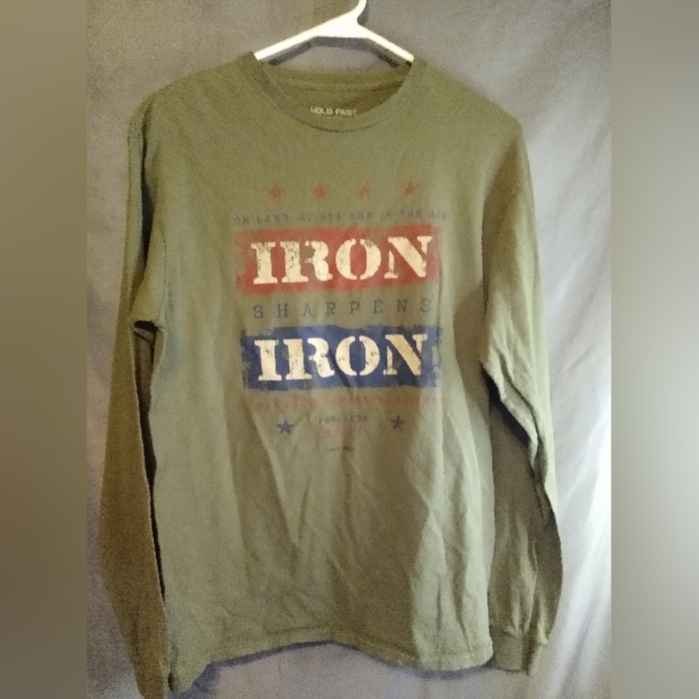 Hold on " iron sharpens Iron"Olive Green Graphic Long Sleeve Shirt